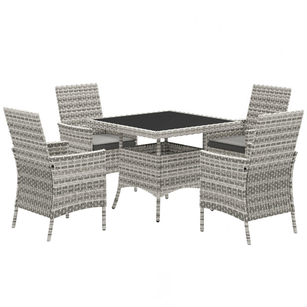 Mixed grey rattan dining set with four high-back cushioned chairs and square glass table