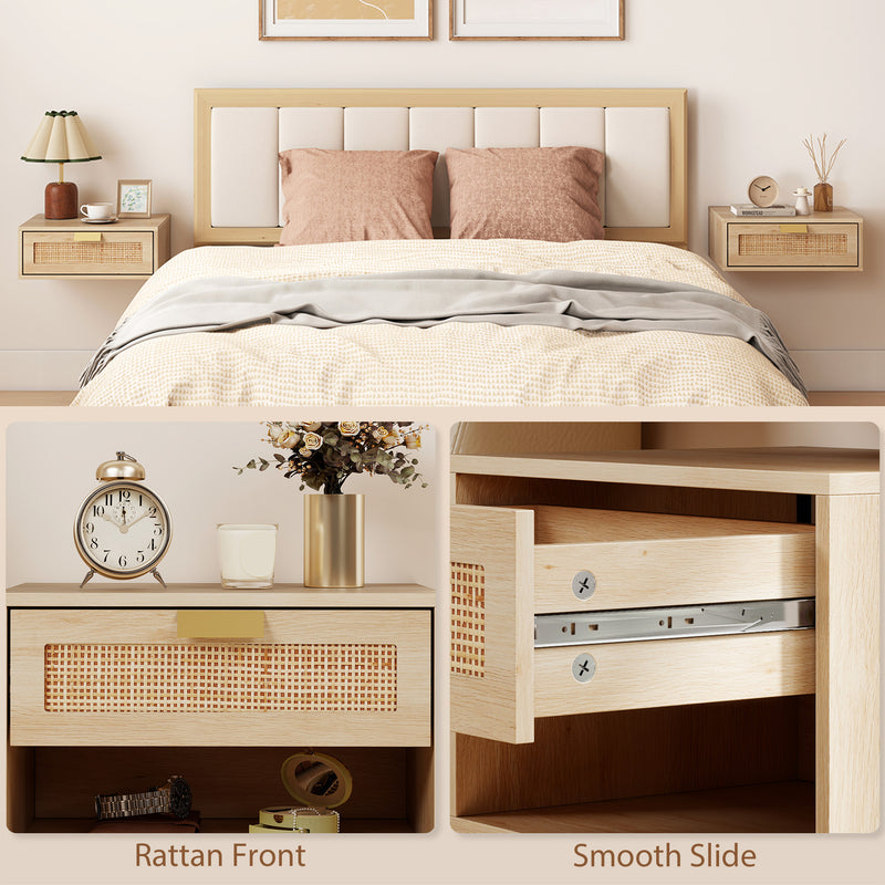 Rattan-drawer floating bedside tables in oak – image 7