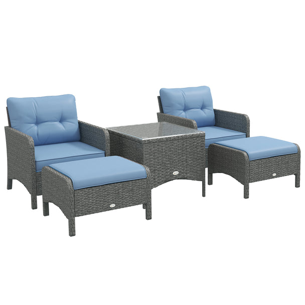 5-piece grey rattan armchair set with blue cushions, two footstools and glass-top table
