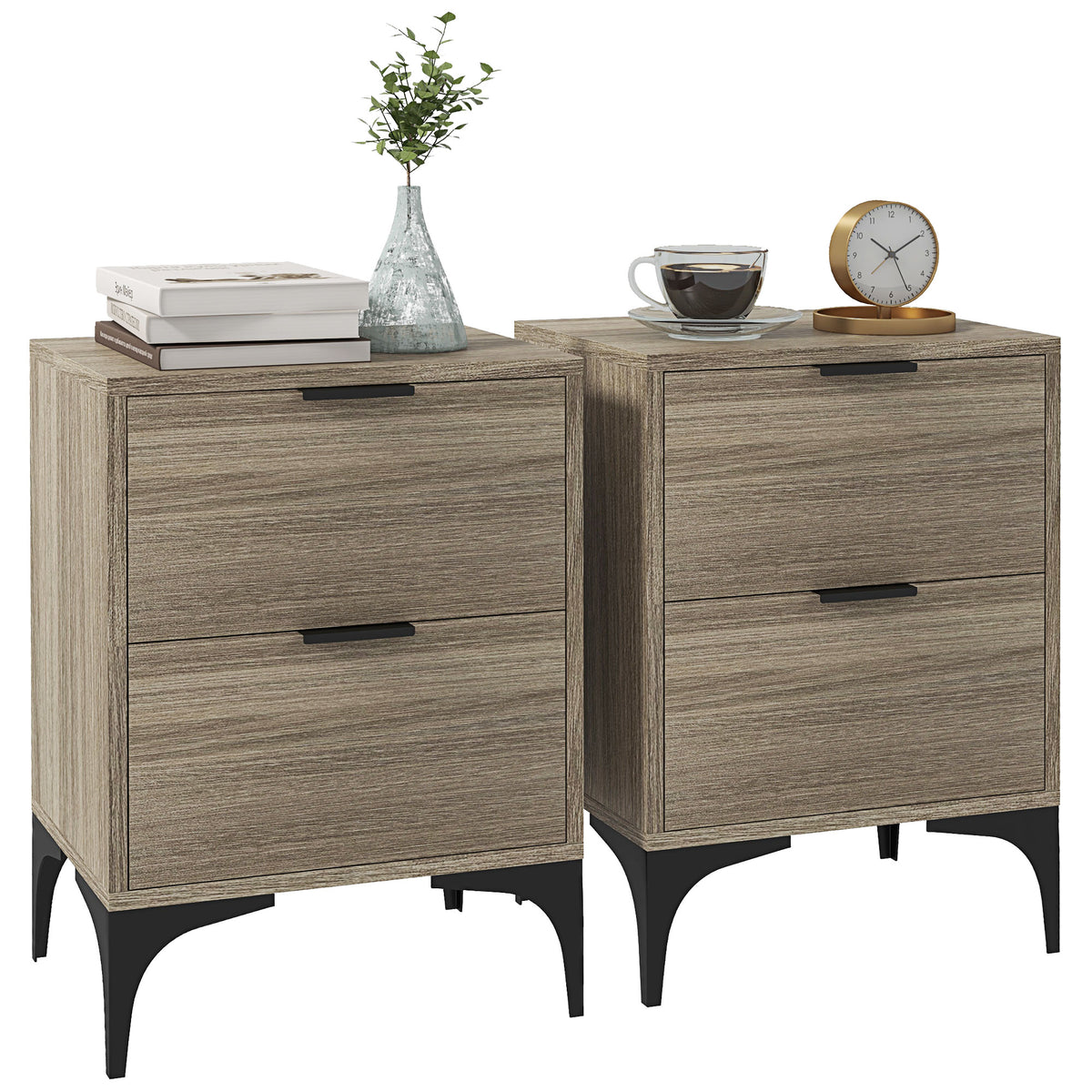 Set of 2 2-Drawer Bedside Tables with Steel Legs – Grey