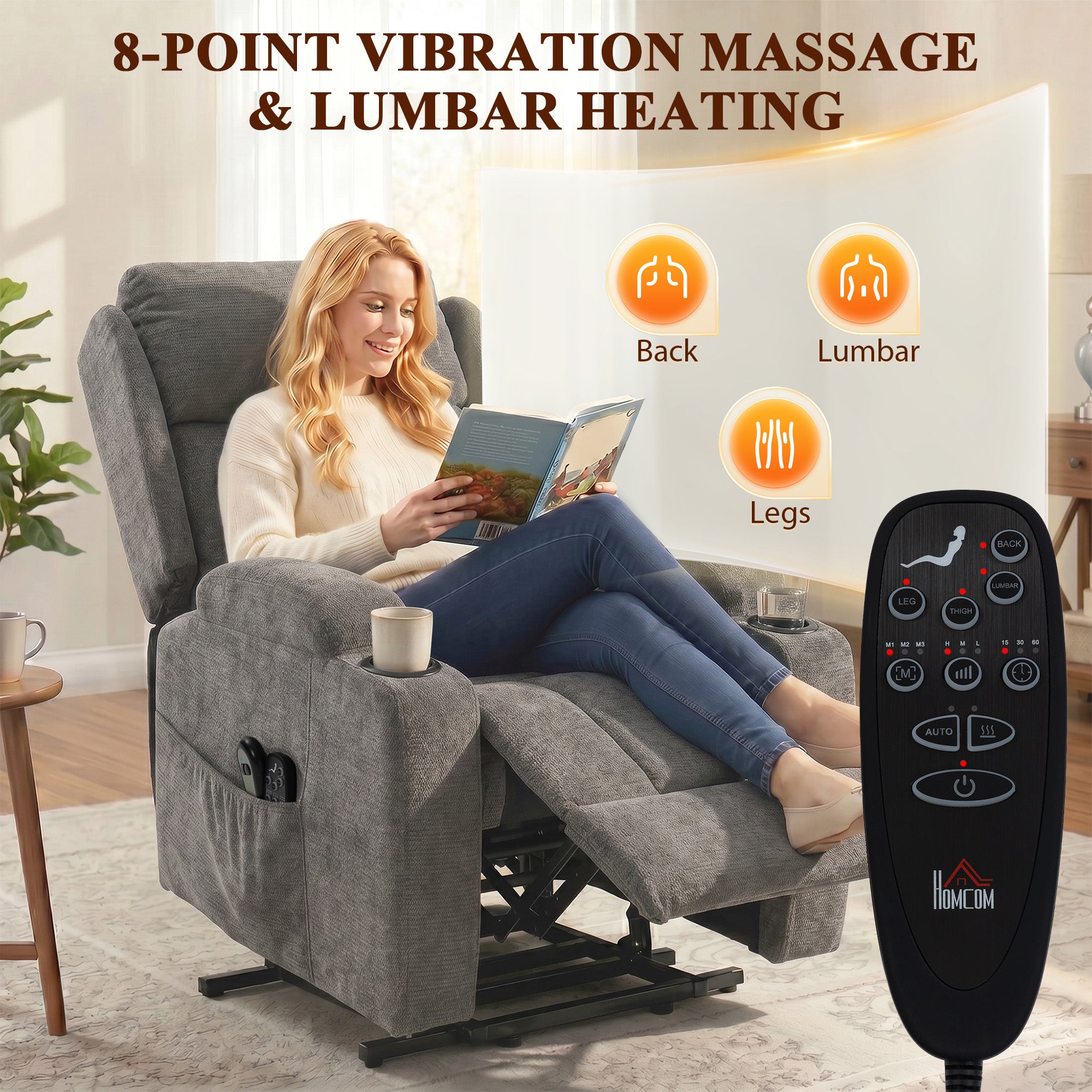 HOMCOM Power Lift Recliner Chair with Vibration Massage and Heat, Chenille Riser and Recliner Armchair for Elderly, Grey
