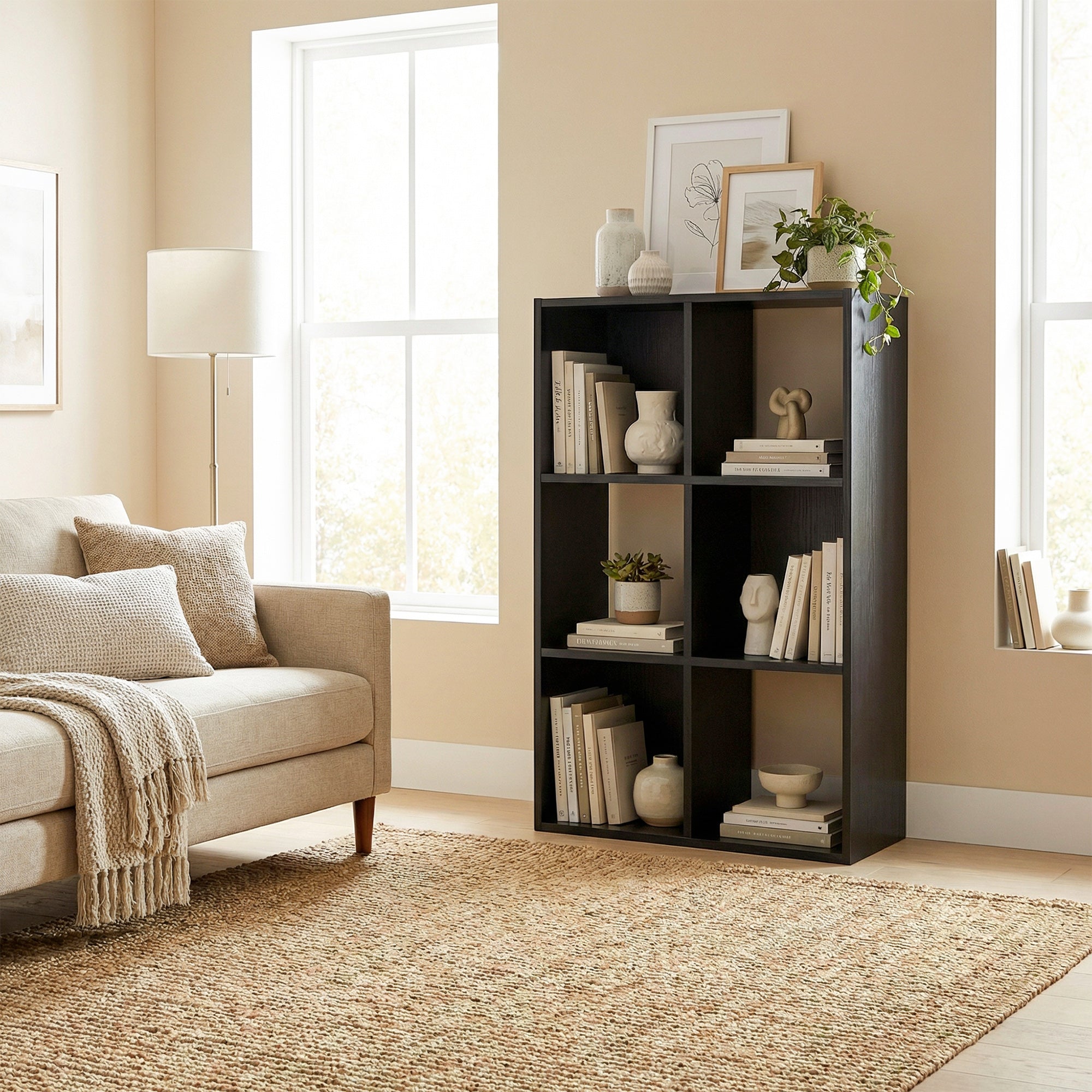 Industrial Style Storage Shelf, Bookcase, Bookshelf with 6 Compartments, for Living Room, Home Study, Black Wood Effect