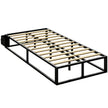 Black low 3ft single metal bed frame with natural wood slats and bedside storage pocket