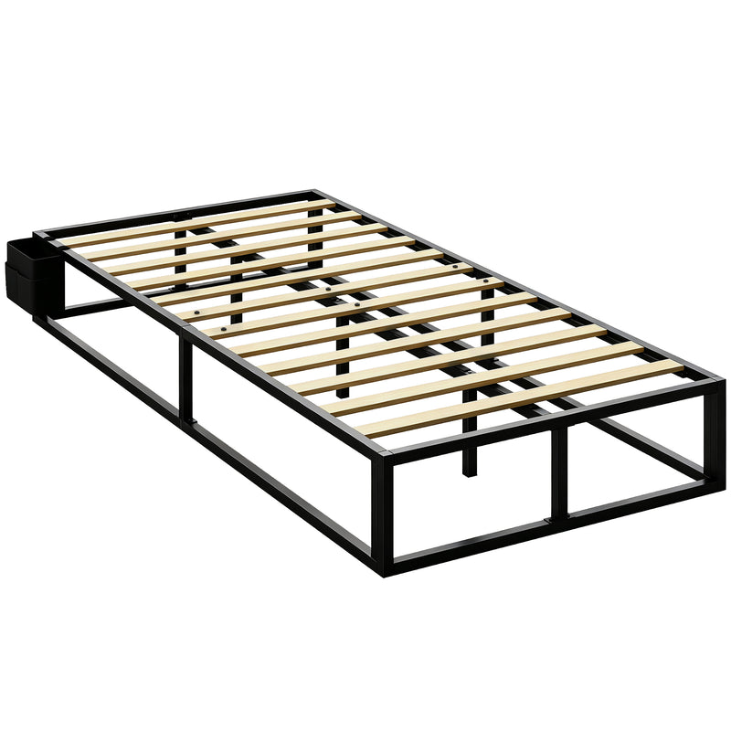 Black low 3ft single metal bed frame with natural wood slats and bedside storage pocket