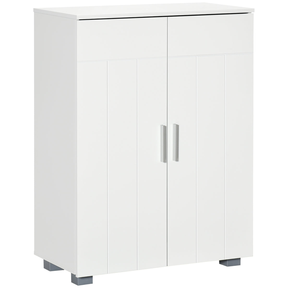 White bathroom floor cabinet with panelled soft-close doors and metal handles