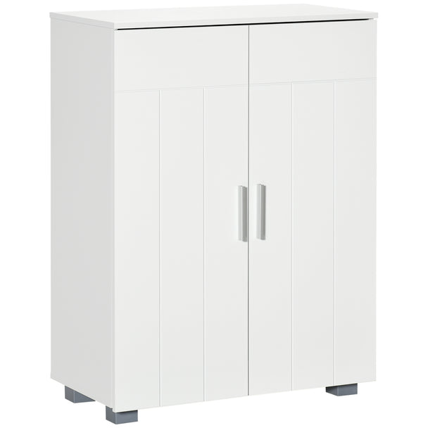White bathroom floor cabinet with panelled soft-close doors and metal handles