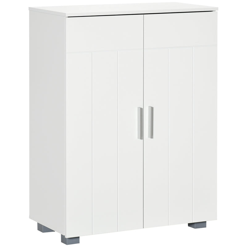 White bathroom floor cabinet with panelled soft-close doors and metal handles
