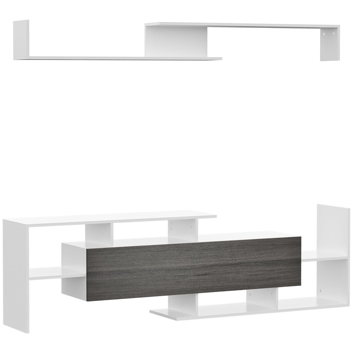 154 cm TV Cabinet & Floating Wall Shelf Set – White & Grey