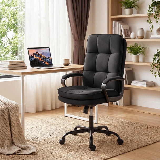 HOMCOM Double Padded Linen-Look Office Chair - Black – view 2