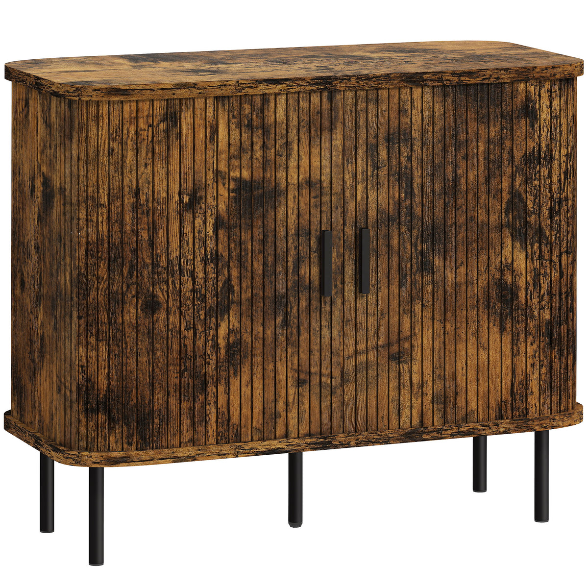 Rustic brown mid-century sideboard with slatted tambour sliding doors and black steel legs