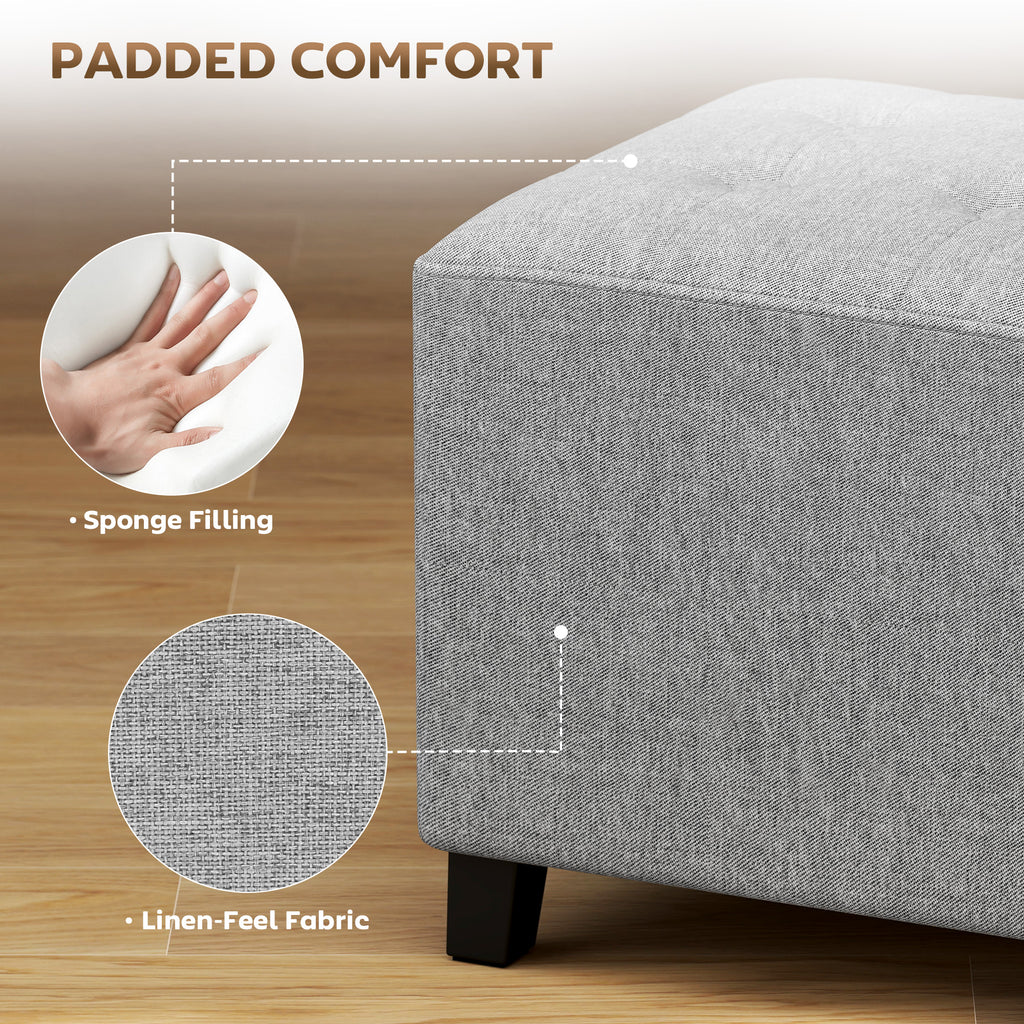 Square Footstool, Small Ottoman with Side Pocket, Linen Fabric Footrest Foot Stool with Rubber Wood Legs and Padded Seat for Living Room, Bedroom, Entryway, 35 x 35 x 35cm, Light Grey