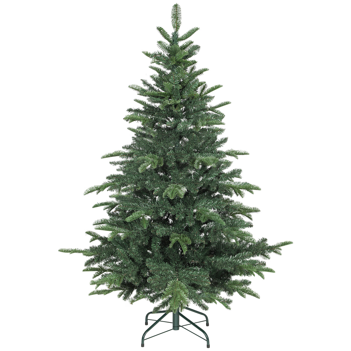 5ft wide green artificial Christmas tree with hinged branches on a foldable stand