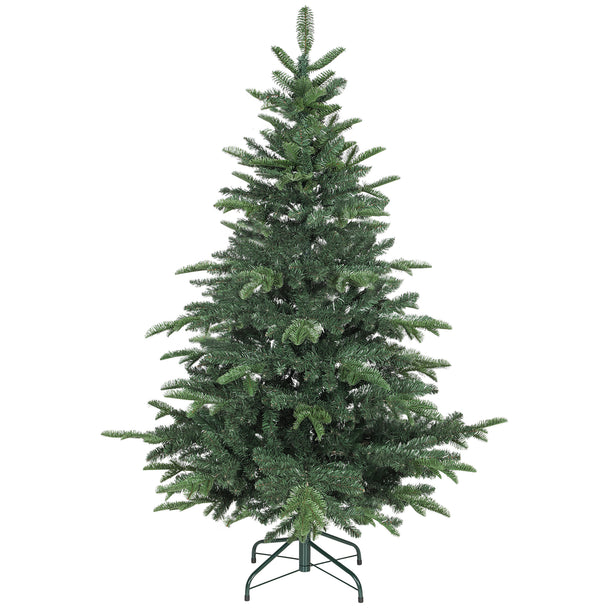 5ft wide green artificial Christmas tree with hinged branches on a foldable stand