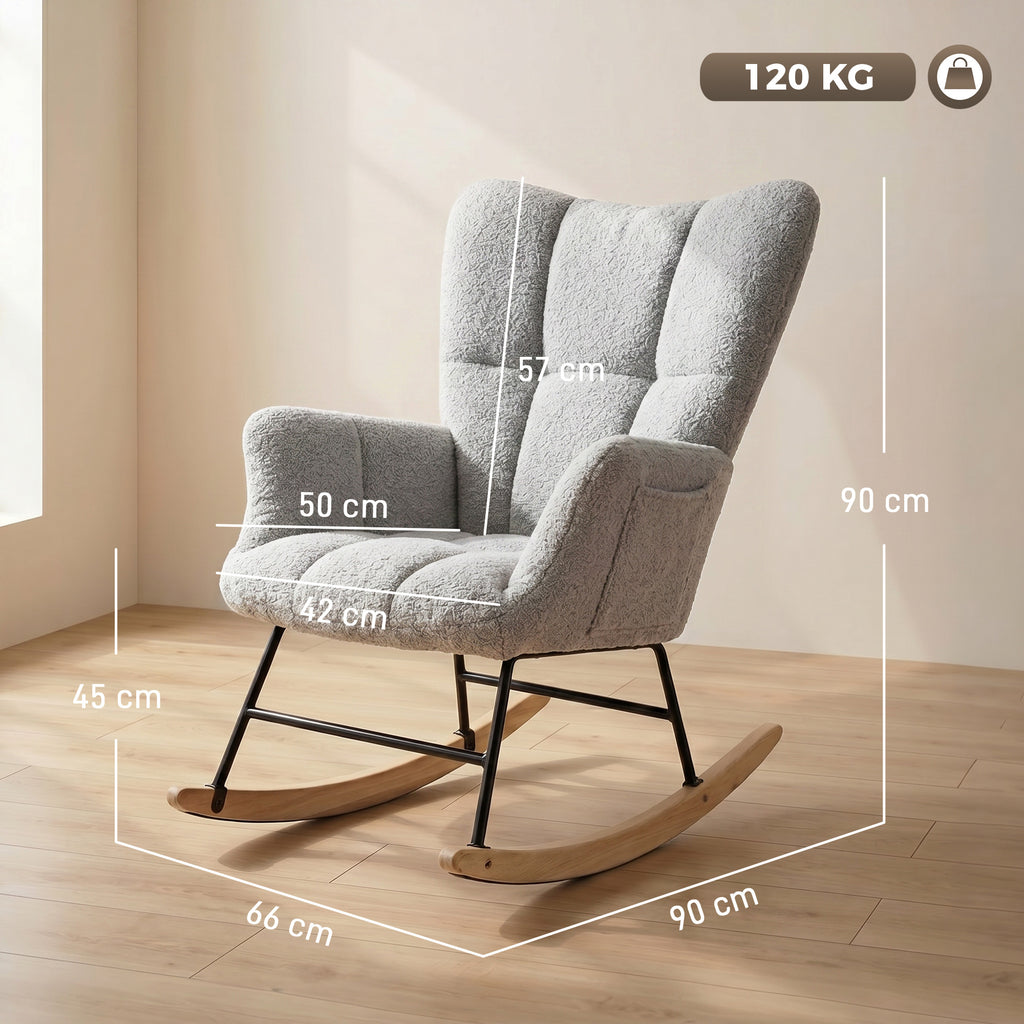 Rocking Chair, Teddy Fleece Rocker Chair with Tufted Wingback, Side Pockets, Rubber Wood Legs, Light Grey