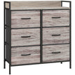 Grey wood-effect rustic chest with six fabric drawers and black steel frame