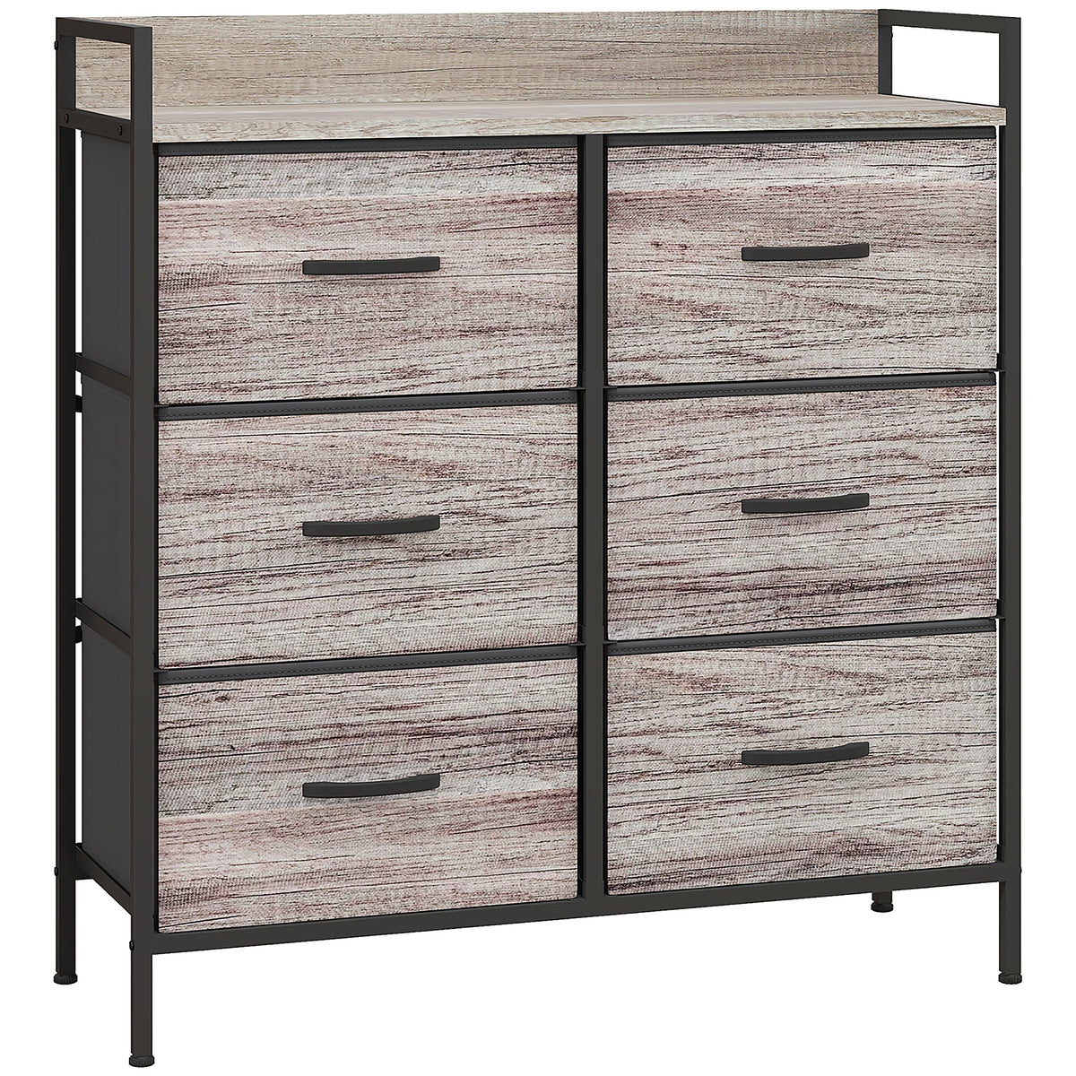 Grey wood-effect rustic chest with six fabric drawers and black steel frame