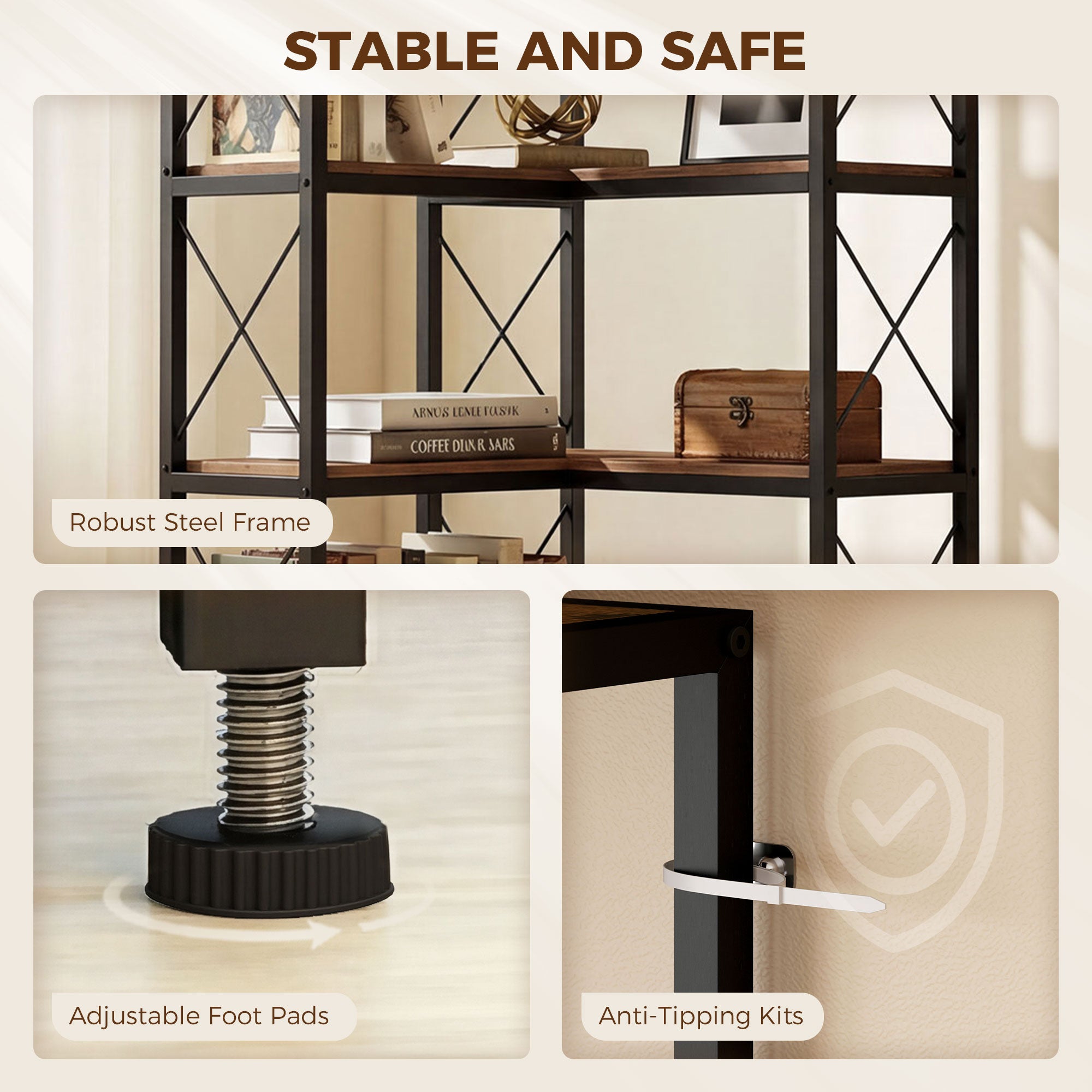 5-Tier L-Shaped Bookshelf, Freestanding Corner Bookcase with Metal Frame, Rustic Brown