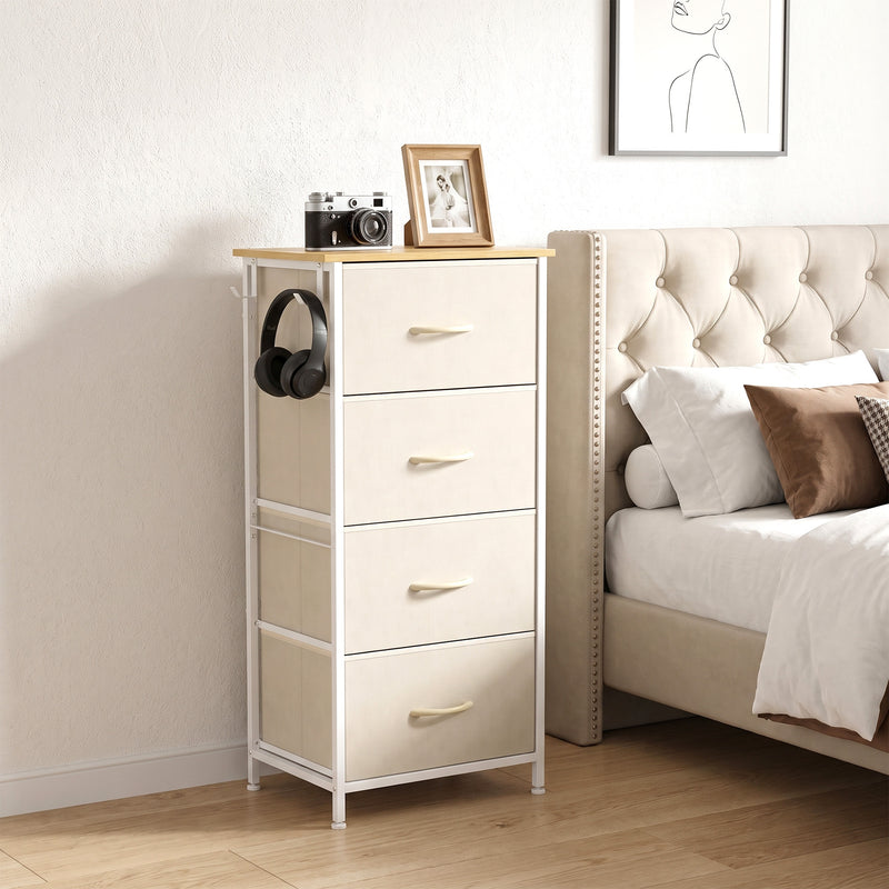 HOMCOM Chest of Drawers with 4 Fabric Drawers, Tall Storage Unit with 2 Hooks and Steel Frame for Bedroom, Beige – view 2