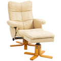 PU Leather Swivel Recliner Chair with Footstool, Wooden Base and Storage for Living Room, Beige