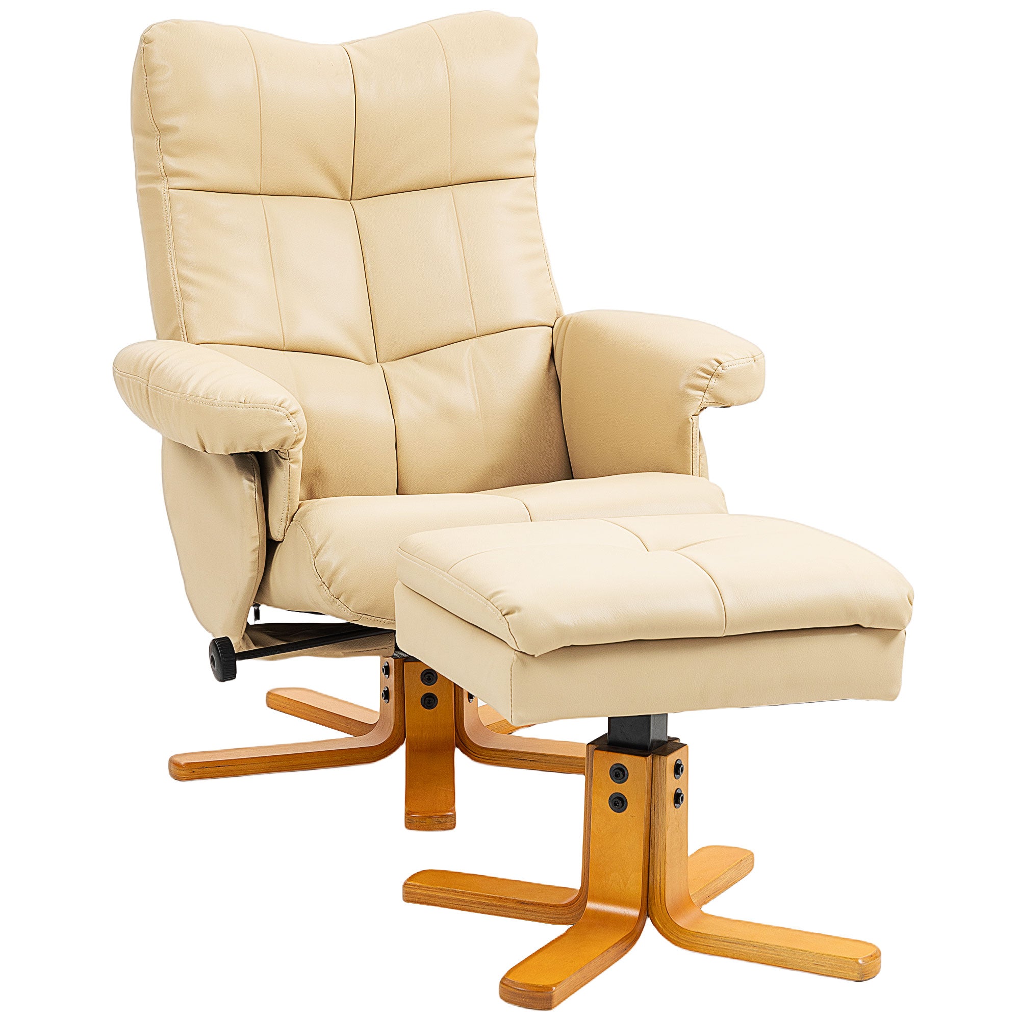 PU Leather Swivel Recliner Chair with Footstool, Wooden Base and Storage for Living Room, Beige