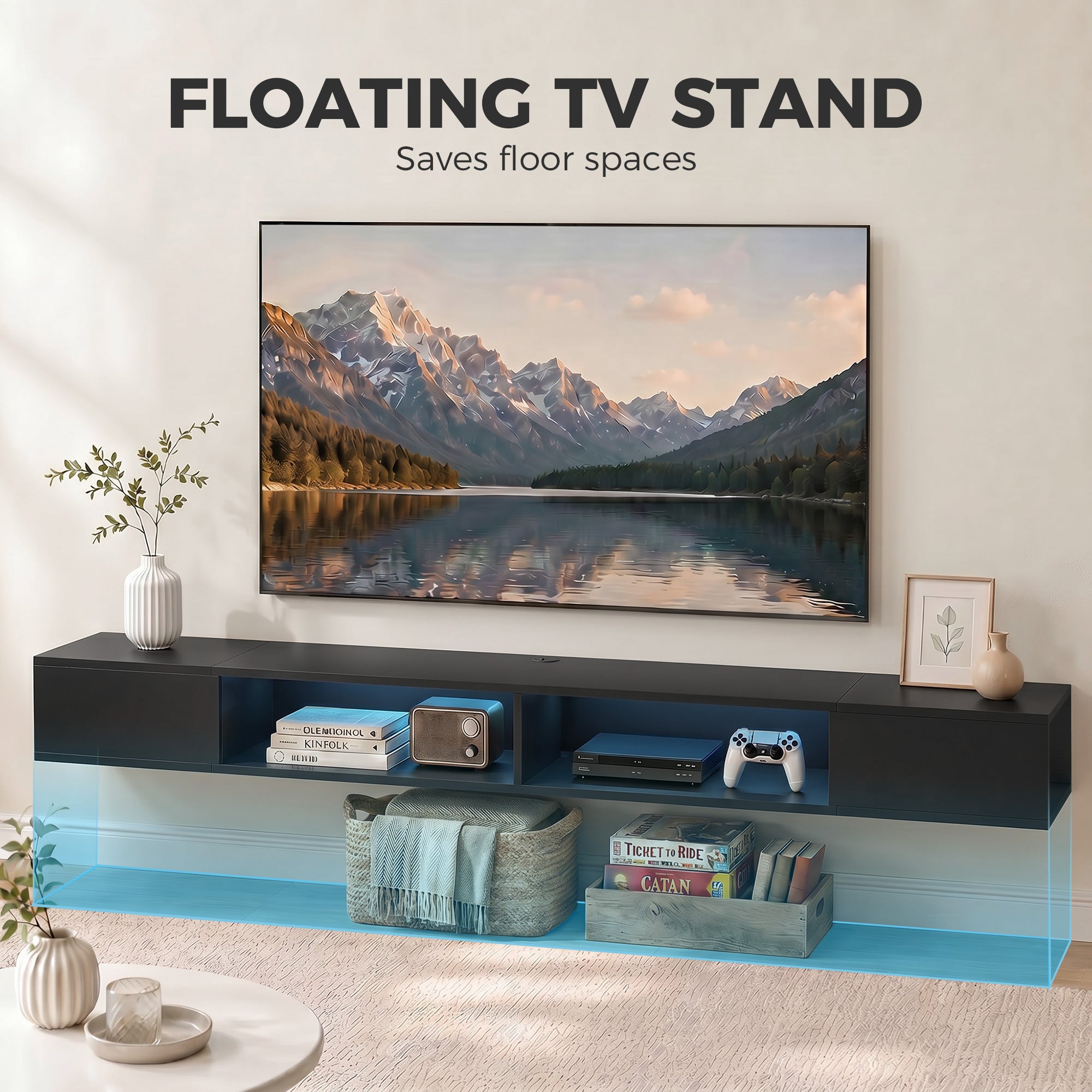 Wall Mounted TV Stand with RGB LED Lights, Floating Entertainment Centre for 75 Inch TV, Black