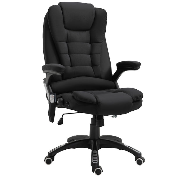 Black linen-look heated massage recliner office chair with padded armrests, high back and remote