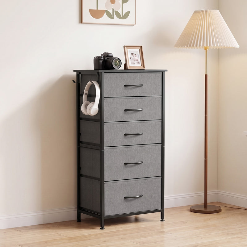 HOMCOM Chest of Drawers, Dresser with 5 Fabric Drawers, Tall Storage Unit with 4 Pockets and 2 Hooks Steel Frame – view 8