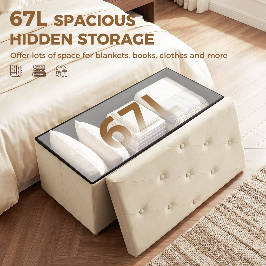 Velvet Upholstered Foldable Ottoman Footrest, Storage Ottoman Bench with Wood Legs for Living Room, Cream White