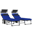 Set of two dark blue folding sun loungers with adjustable canopies and cushions