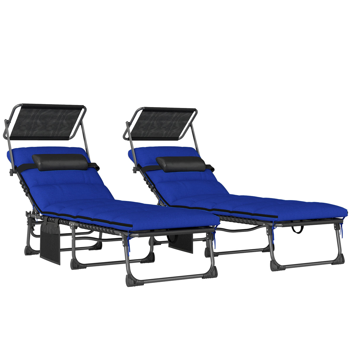 Set of two dark blue folding sun loungers with adjustable canopies and cushions