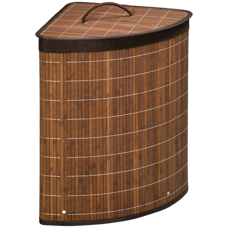 Brown triangular corner bamboo laundry basket with lid and removable lining