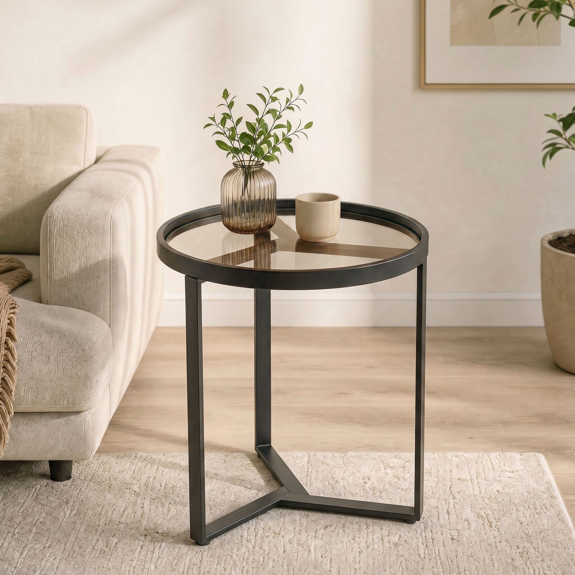 Round Side Table with Tempered Glass Top and Geometric Metal Frame for Small Space, Black