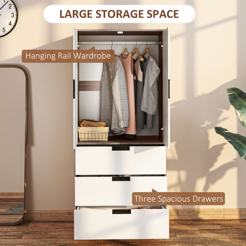 HOMCOM Modern Clothes Storage Cupboard Unit, 3 Drawer 2 Door Wardrobe with Hanging Rod, White/Brown – view 4