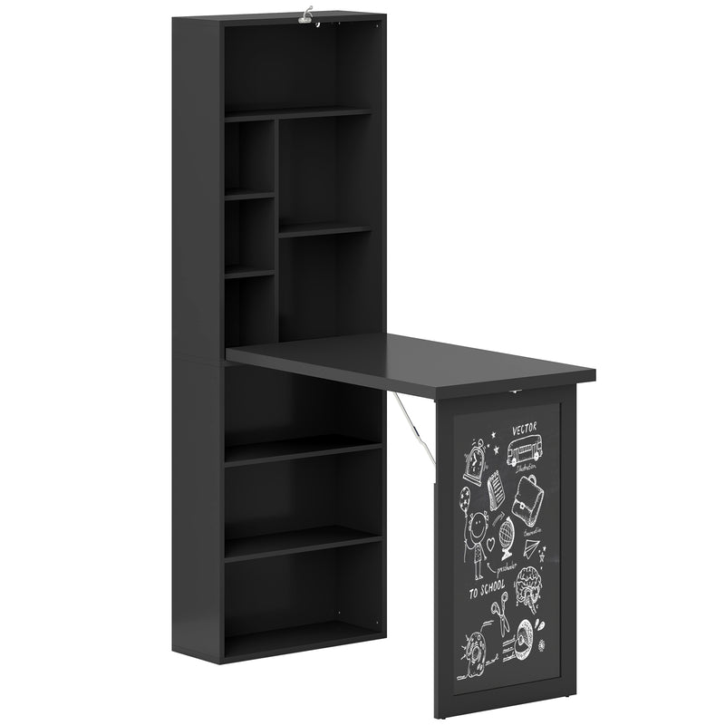 Black fold-out desk with nine-shelf bookcase and chalkboard panel