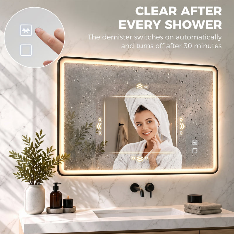 HOMCOM Bathroom Mirror with LED Lights, 100x70cm Rectangle Bathroom Mirror, Dimmable, Bluetooth, Anti-Fog, Black – view 6