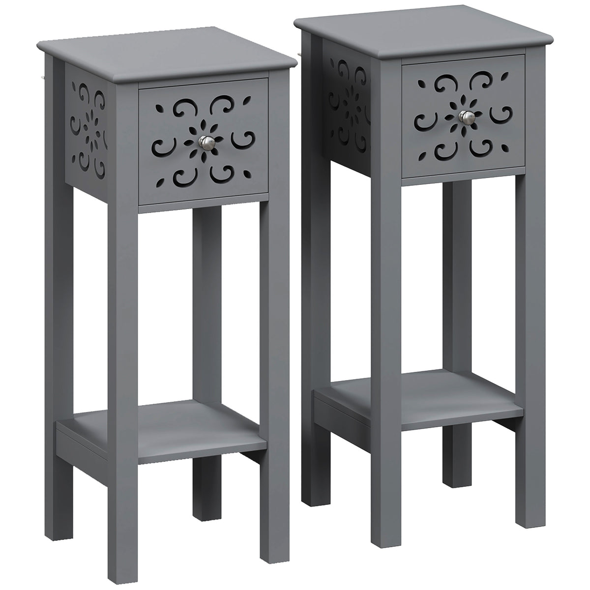 Set of 2 Tall Floral Cut-Out Side Tables with Drawers – Grey