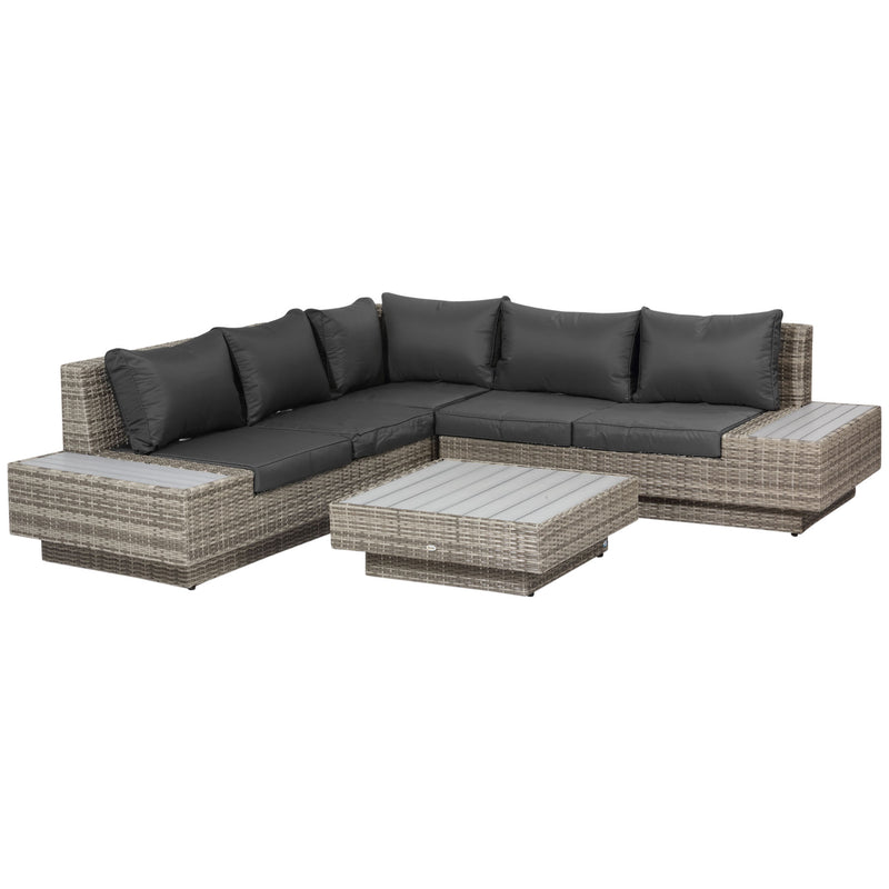 Light grey 4-piece rattan corner sofa set with two loveseats, corner seat, coffee table and cushions
