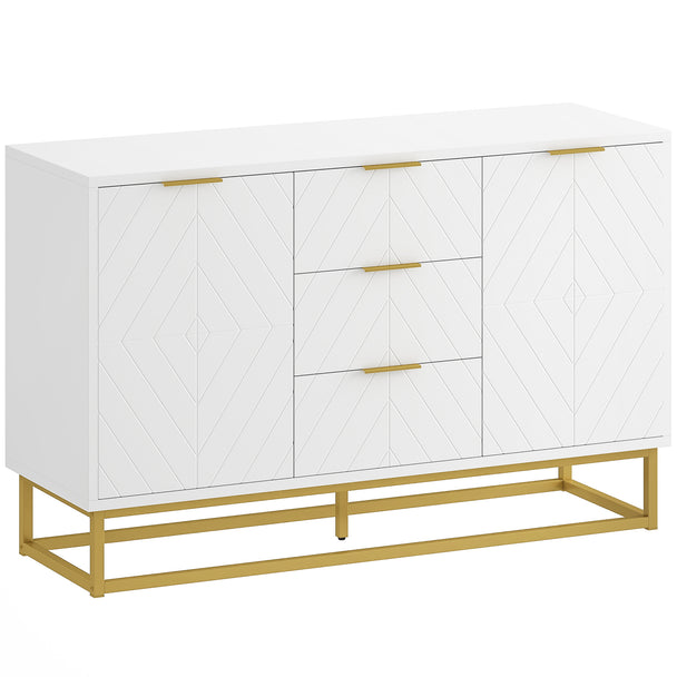 White 120 cm sideboard with three drawers, two cupboards and gold-tone metal base