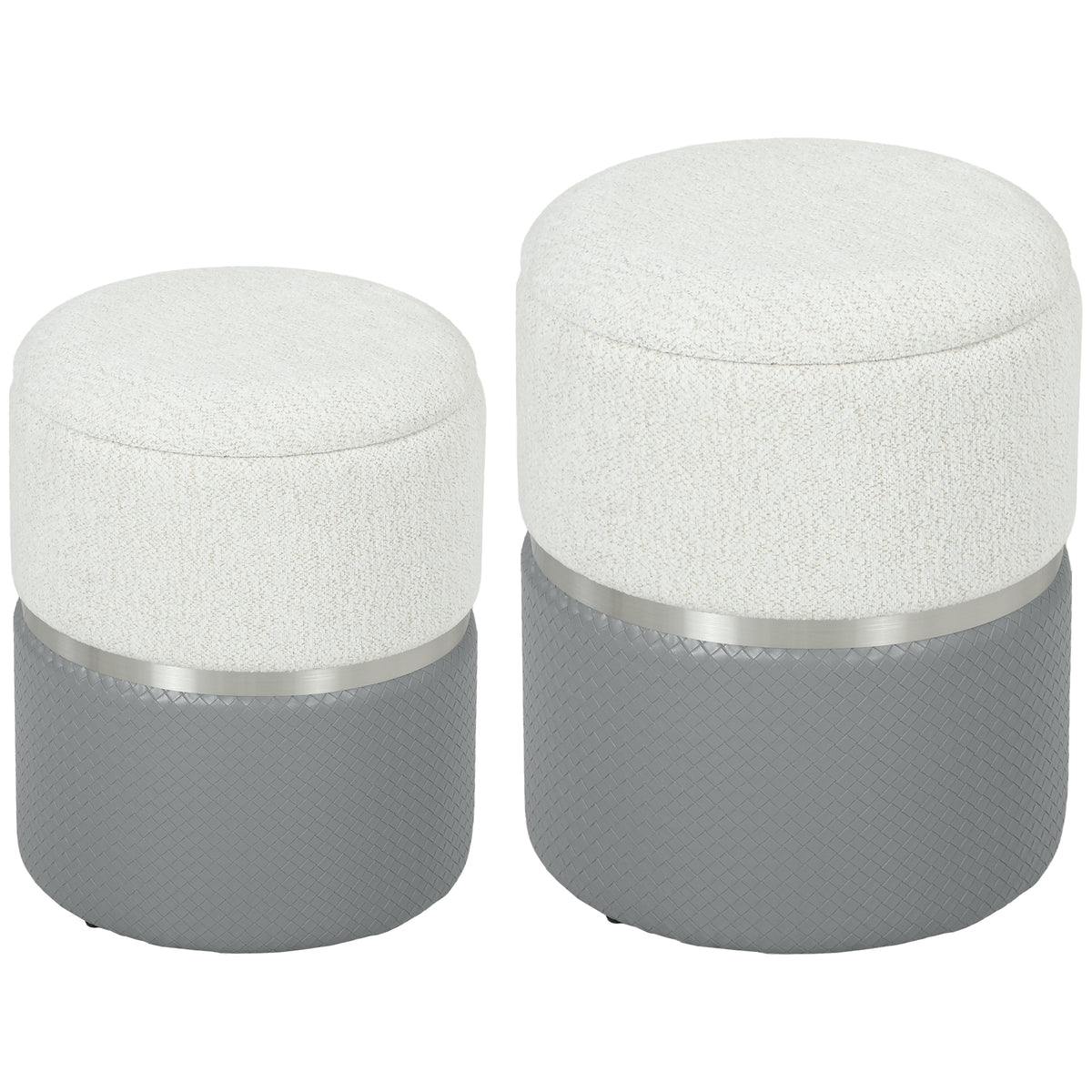 Set of 2 Round Storage Ottomans – Cream & Grey