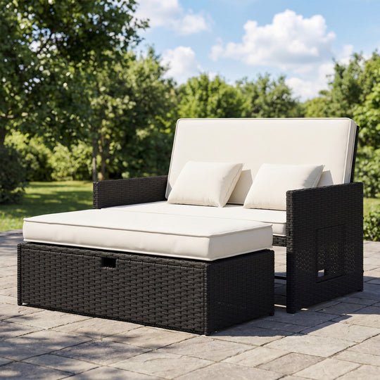 Outsunny Rattan Garden Daybed, Double Sun Lounger with 5-Level Adjustable Back, Storage Ottoman, Cream White – view 2