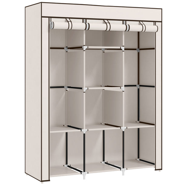 Cream 125 cm fabric wardrobe with two hanging rails and eight shelves