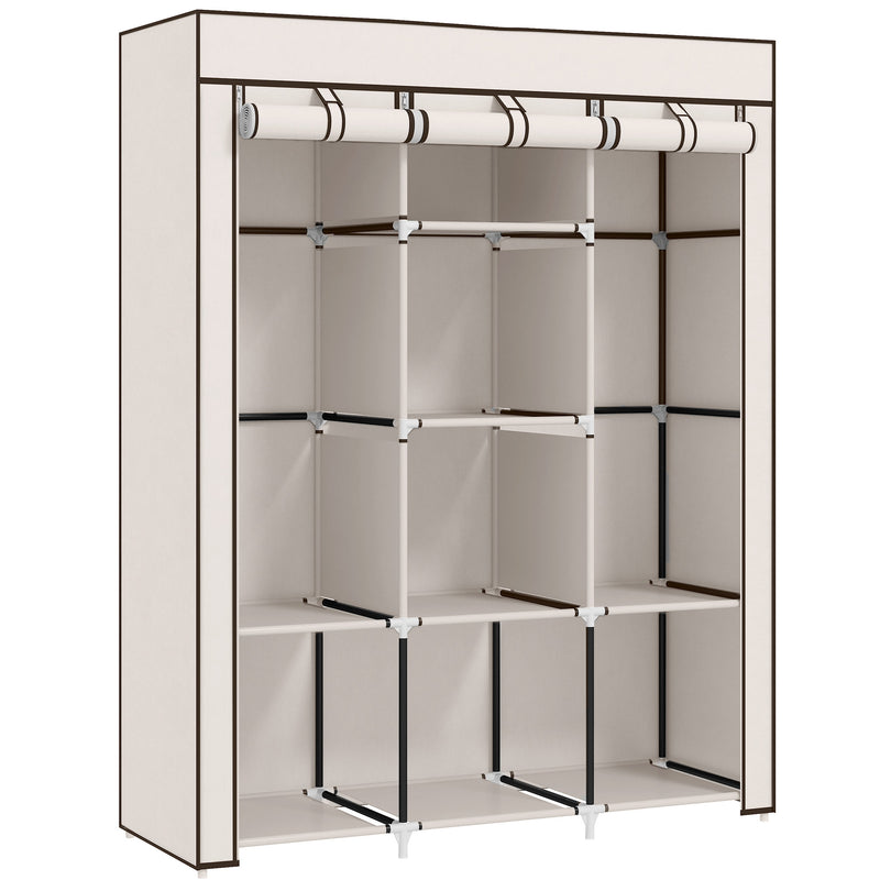 Cream 125 cm fabric wardrobe with two hanging rails and eight shelves