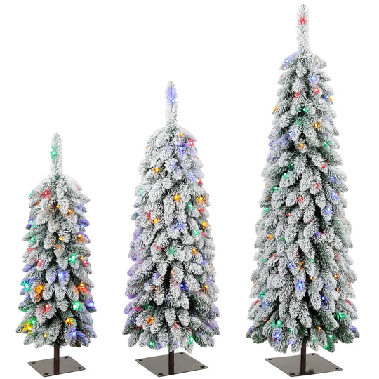 Set of three snow-flocked pre-lit pencil Christmas trees with multi-colour LED lights