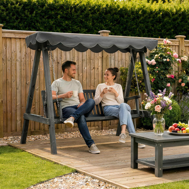 Outsunny 3 Seater Garden Swing Seat with Canopy, Wooden Swing Chair, Outdoor Hammock Bench for Balcony Patio Porch, Grey – view 2