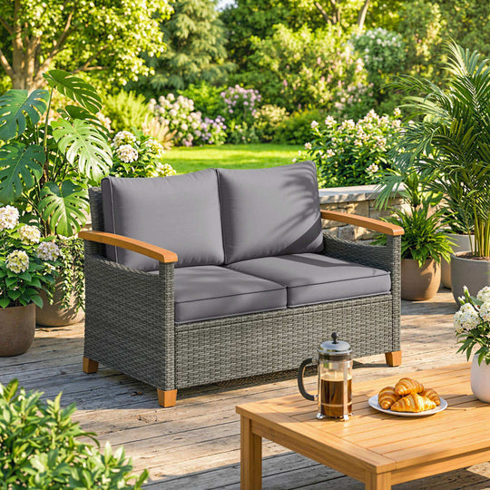 2-seater rattan sofa with acacia arms, dark grey – image 2