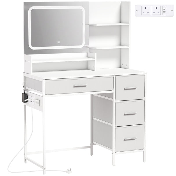 White dressing table with LED touch mirror, built-in power strip, four fabric drawers and open shelves