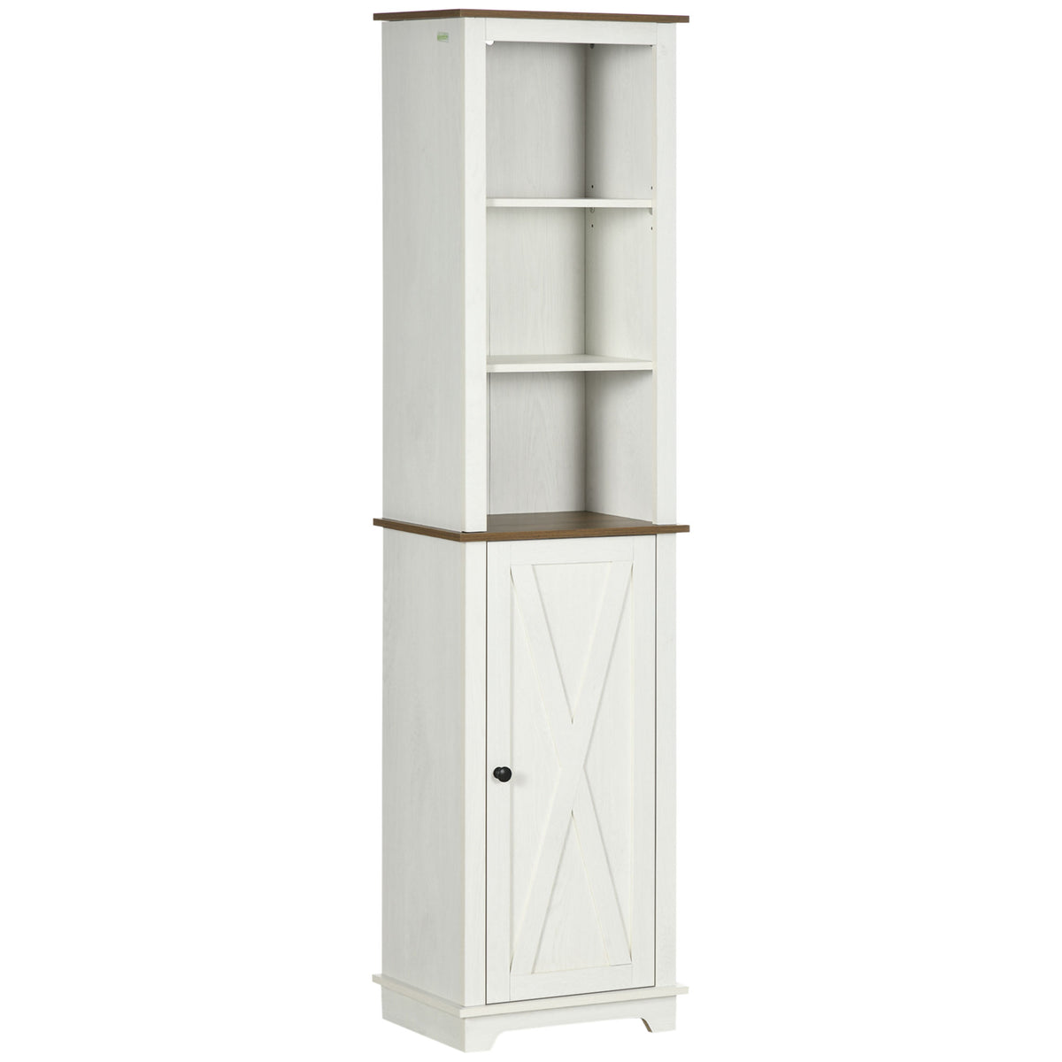 White tall bathroom cabinet with three open shelves and bottom cupboard