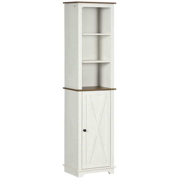 White tall bathroom cabinet with three open shelves and bottom cupboard