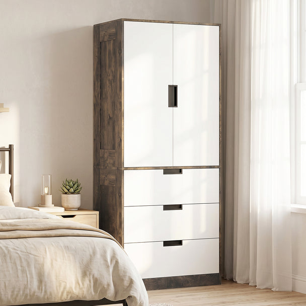 HOMCOM Modern Clothes Storage Cupboard Unit, 3 Drawer 2 Door Wardrobe with Hanging Rod, Rustic Brown – view 2