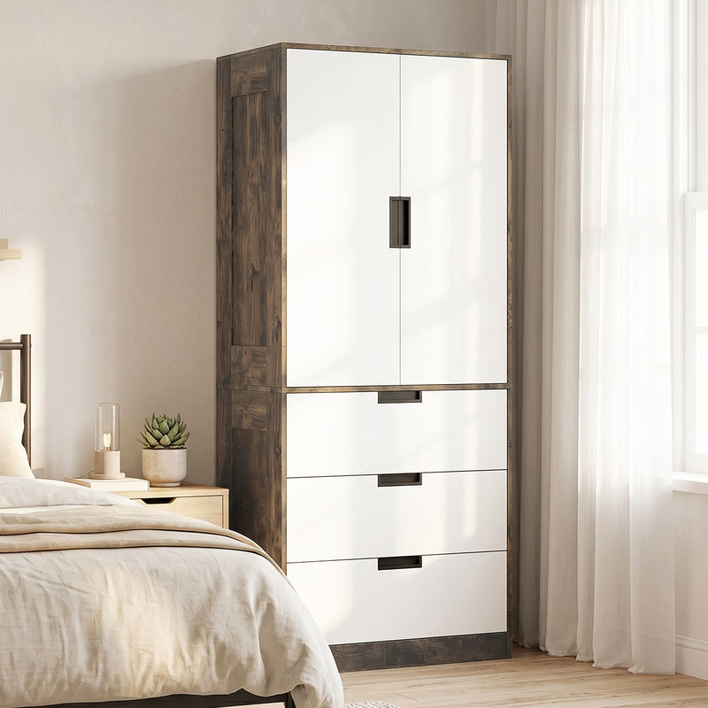 HOMCOM Modern Clothes Storage Cupboard Unit, 3 Drawer 2 Door Wardrobe with Hanging Rod, Rustic Brown – view 2